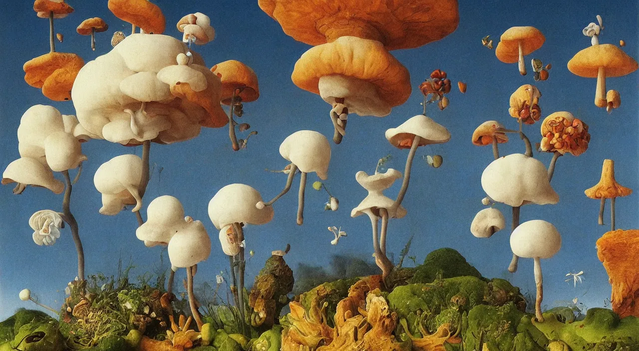 Prompt: a single colorful! toadstool fungus white! clear empty sky, a high contrast!! ultradetailed photorealistic painting by jan van eyck, audubon, rene magritte, agnes pelton, max ernst, walton ford, andreas achenbach, ernst haeckel, hard lighting, masterpiece