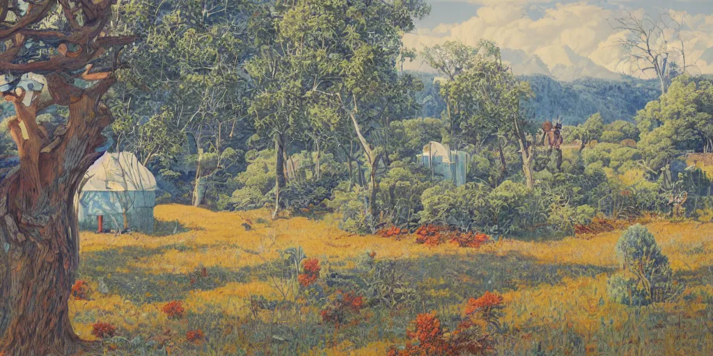 Prompt: landscape painting at noon by james jean and David Schnell painted in no mans land style