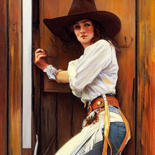 Prompt: painting of cowgirl leaning up against the door frame of saloon with one thumb hooked on belt loop art by artgerm and greg rutkowski and alphonse mucha