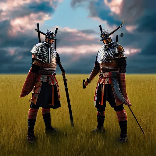 Image similar to giant samurai standing in a field opposite a small soldier, detailed digital artwork, symmetrical, highly detailed, highly accurate, deep aesthetic, 8 k, highly ornate intricate details, cinematic lighting, rich colors, ray tracing, hyperrealistic, photorealistic, cinematic landscape, trending on artstation,