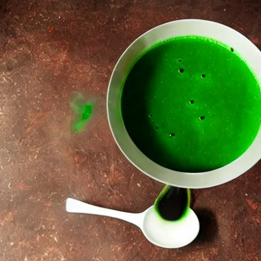 Image similar to brewing violent bubbling green fluid soup, green steam rising from soup