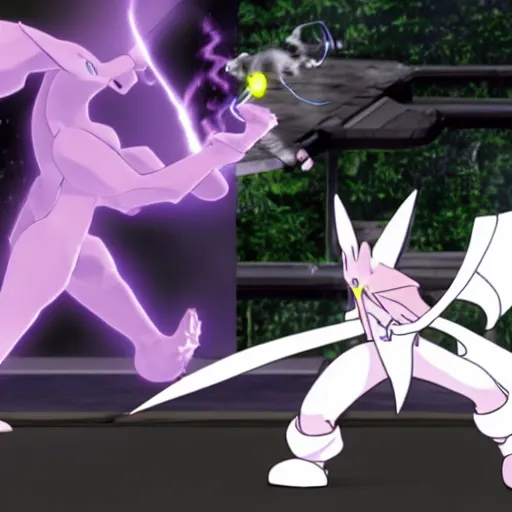 Prompt: Mewtwo vs Sephiroth, smash screenshot