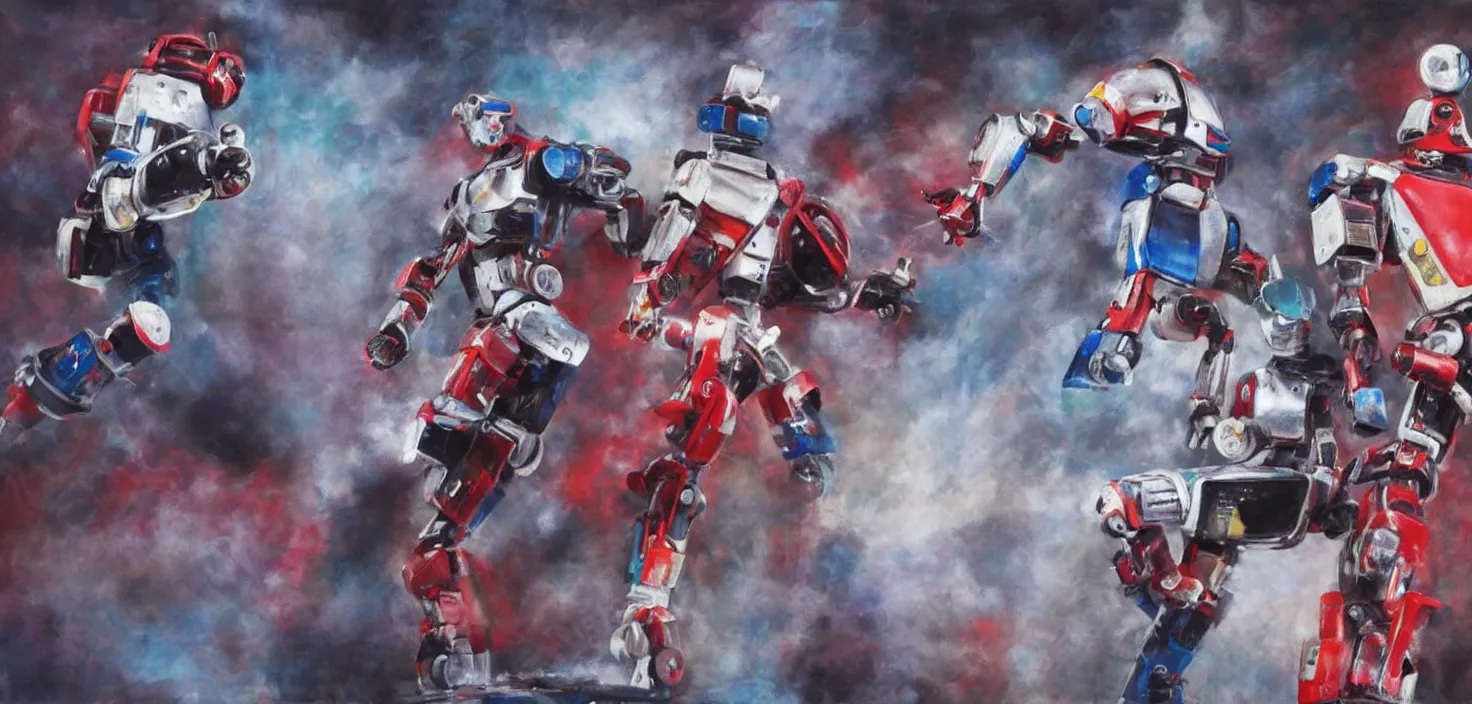 Image similar to Photorealistic painting of two robots in a wwe match