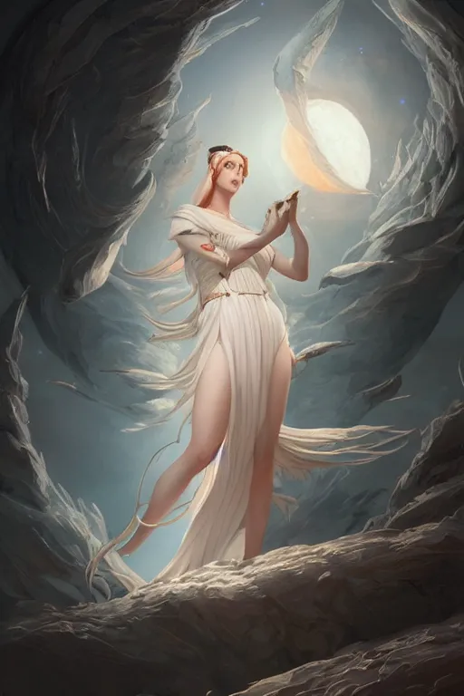 Prompt: goddess of the moon, highly detailed, digital painting, artstation, concept art, smooth, sharp focus, illustration, unreal engine 5, 8 k, art by artgerm and greg rutkowski and edgar maxence