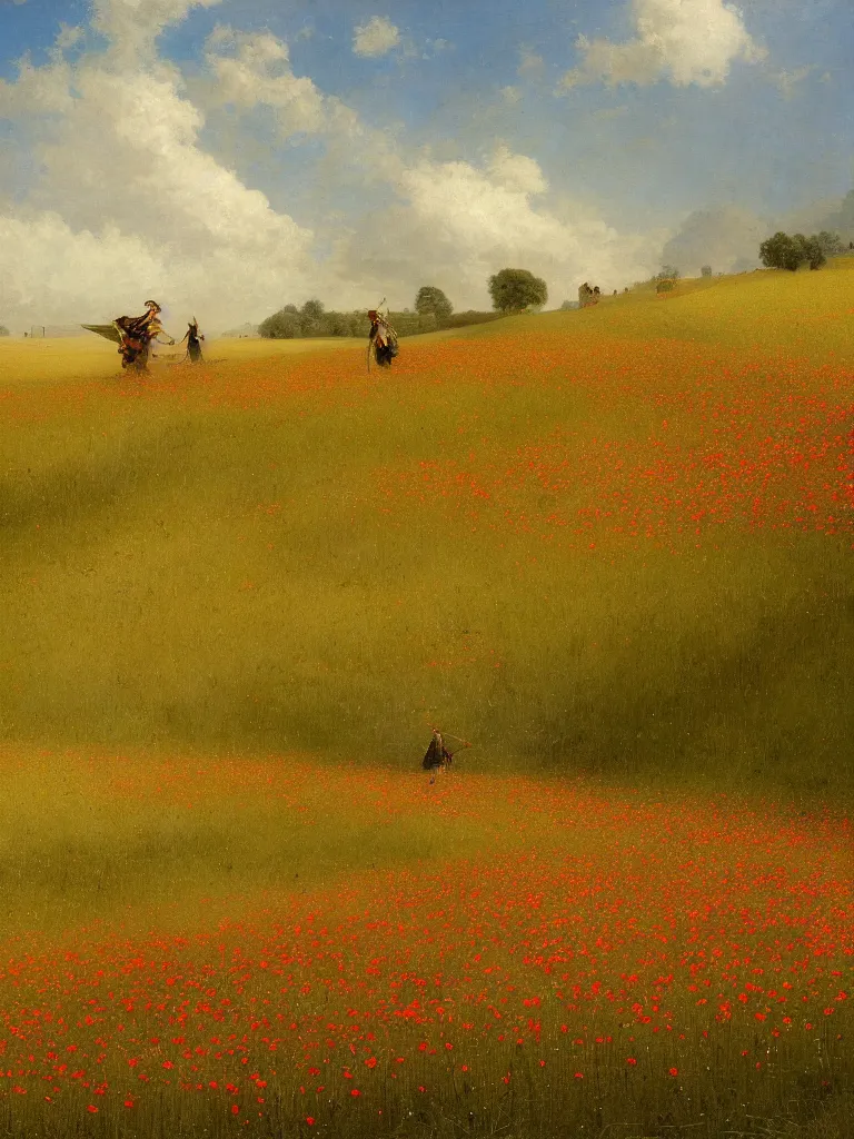 Prompt: immense wheat fields, a path, a small village, poppies, summer sky, carl spitzweg, large dieselpunk flying airships, matte painting, by rozalski, artstation
