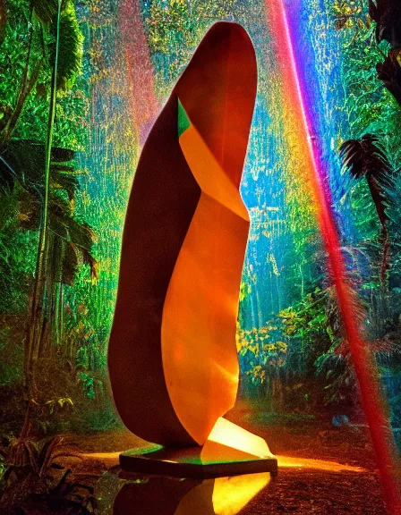 Prompt: vintage color photo of a giant 1 1 0 million years old abstract sculpture made of light beams and liquid gold in the jungle