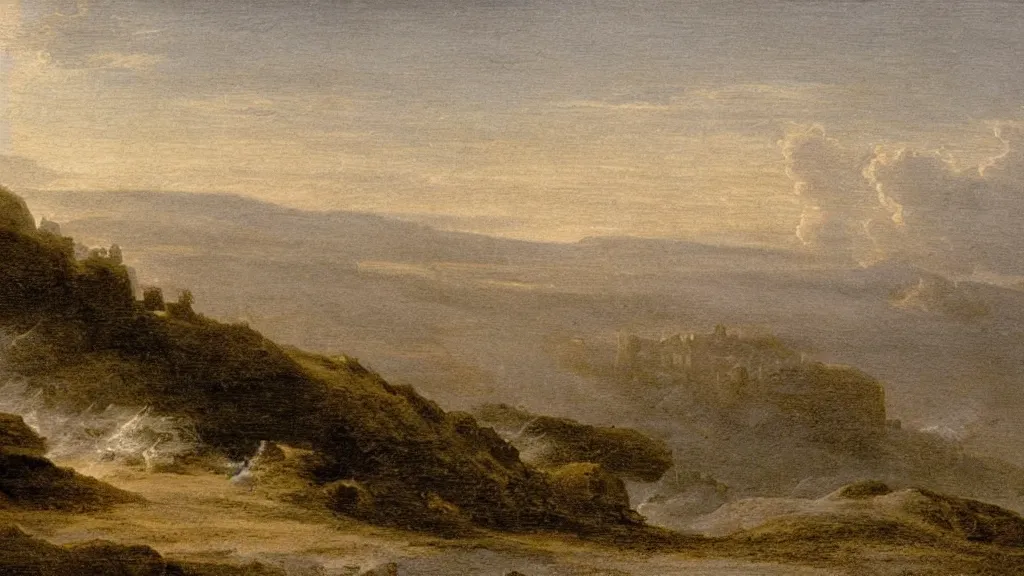 Prompt: so the sun set. i forgot to mention that a belt of mist lay between my hill and other hills, and that it was the color of pearl, claude lorrain