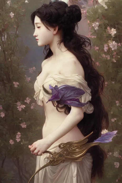 Image similar to Full View lovely maiden with the likeness of Eunha. masterpiece 4k digital illustration by Ruan Jia and Mandy Jurgens and Artgerm and william-adolphe bouguereau, award winning, Artstation, art nouveau aesthetic, Alphonse Mucha background, intricate details, realistic, panoramic view, Hyperdetailed, 8k resolution, intricate art nouveau