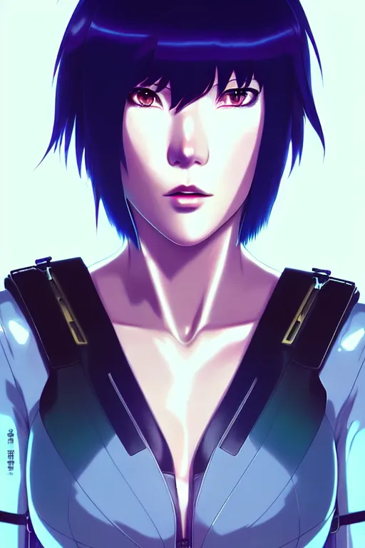 Image similar to a still fullbody portrait of motoko kusanagi ghost in the shell, finely detailed features, closeup at the faces, perfect art, at a cyberpunk city, gapmoe yandere grimdark, trending on pixiv fanbox, by ilya kuvshinov, rossdraws, artgerm