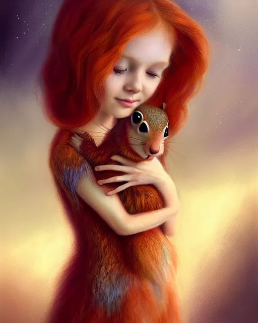 Prompt: ginger woman in sundress hugging cute squirrel, perfect face, cinematic, stunning, adorable, highly detailed, psychedelic, digital painting, artstation, smooth, hard focus, illustration, art by jessica rossier and and brian froud