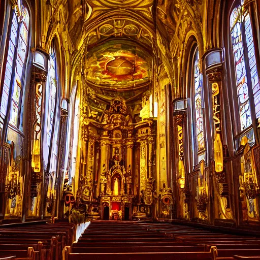 Prompt: interior of giant baroque church, beautiful, wide shot, golden hour light, stained glass, massive