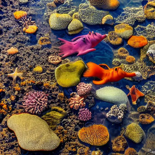 Prompt: tide pool filled sea creatures at sunset