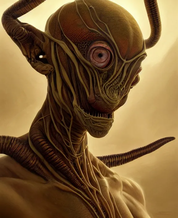 Prompt: intricate earth - toned portrait of a disturbing terrifying alien insect creature, mottling coloring, adorable, childlike, medical equipment hospital environment, ultra realistic, concept art, art nouveau, photorealistic, octane render, 8 k, unreal engine. art by christopher marley and artgerm and greg rutkowski and alphonse mucha