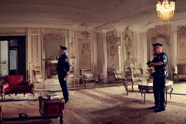 Image similar to cinematography portrait of a cop talking to his radio in an decadent mansion foyer by Emmanuel Lubezki