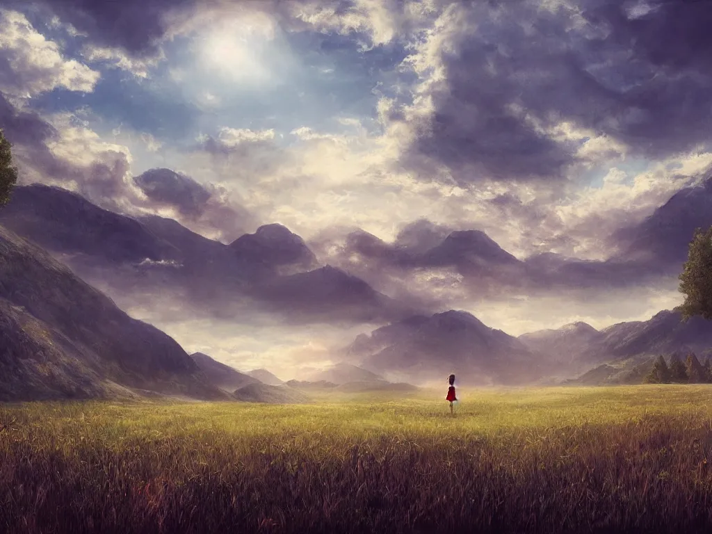 Image similar to a cinematic landscape view looking at an open field, a girl sits in the field looking at the sky, mountains in the distance with a river running down, the sun shines through the parted clouds, digital painting, fantasy, art by alexandre mahboubi and christophe oliver