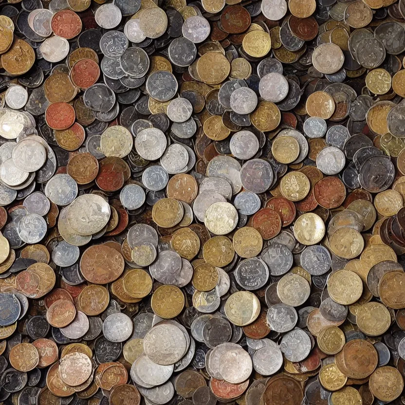 Prompt: a small box filled with rare and valuable coins, various sizes, indoors, photograph