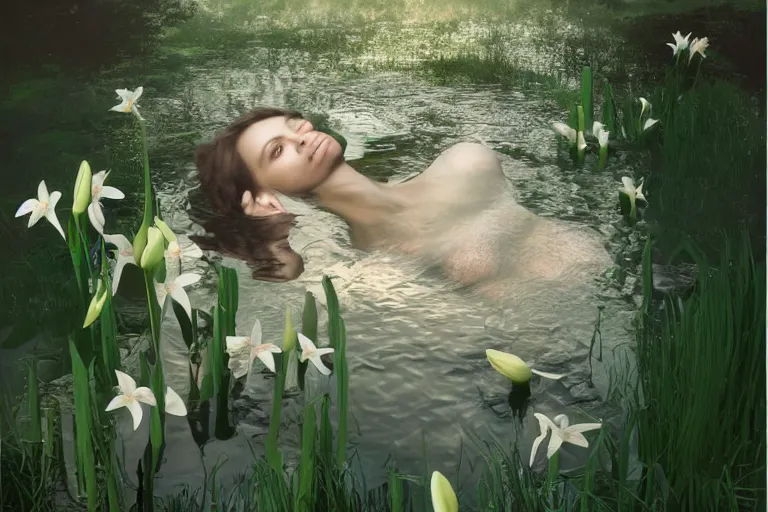 Image similar to hyperrealistic cinematic 3 d portrait of a woman's head and shoulders floating below the surface of a pond, surrounded by a forrest of lillies, deep focus, intricate, elegant, highly detailed, matte, sharp focus, by bill henson and gregory crewdson and james jean, trending on artstation