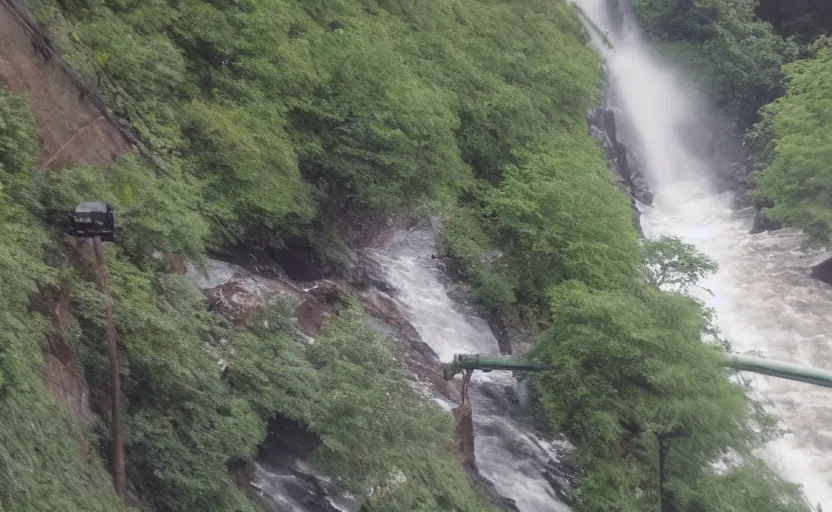 Prompt: subway platform overflown by natural waterfall, surveillance photo