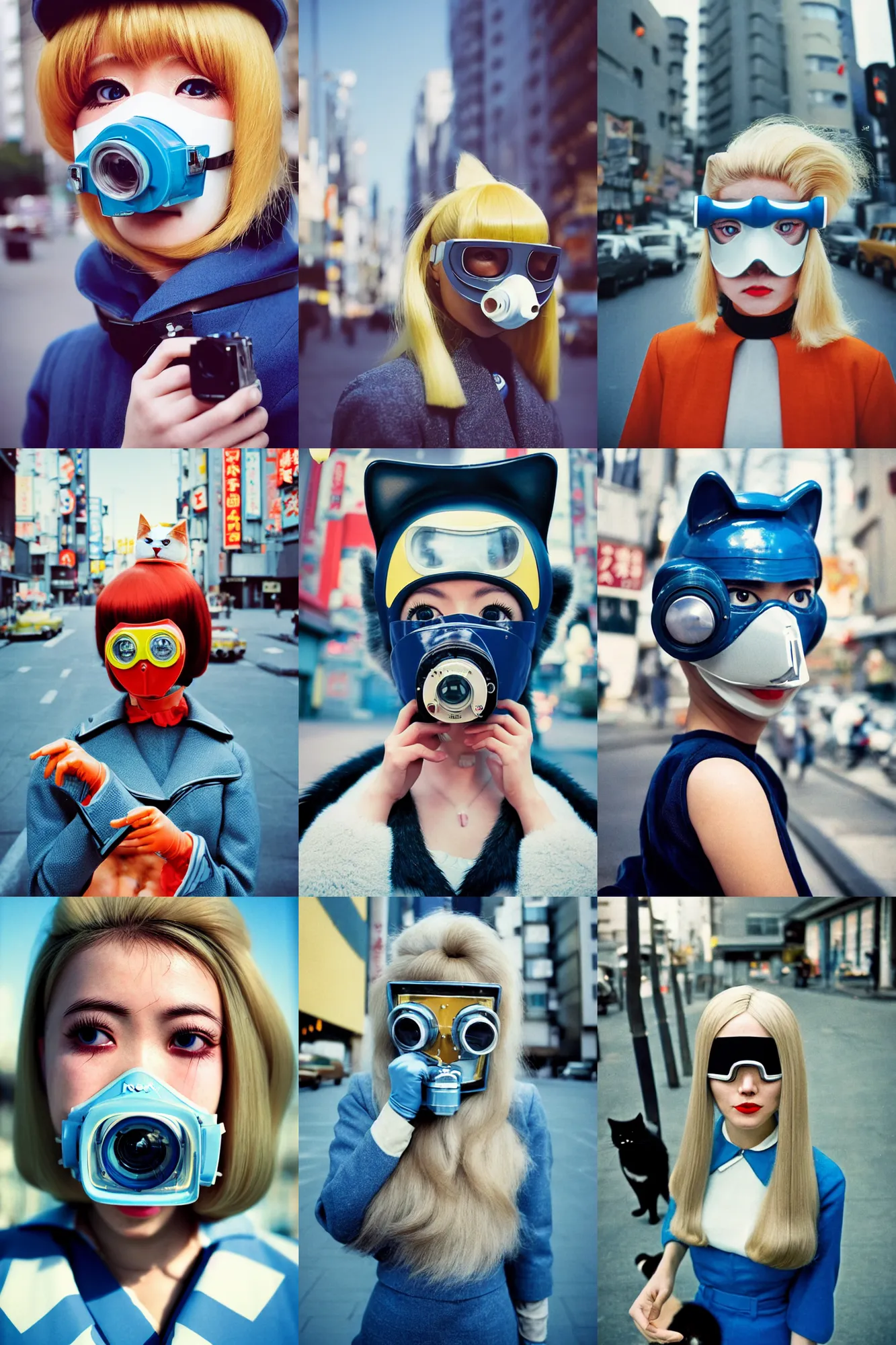 Prompt: Kodak portra 400,8K,highly detailed: beautiful three point perspective extreme closeup portrait photo in style of 1960s frontiers in cosplay retrofuturism tokyo seinen manga street photography fashion edition, tilt shift zaha hadid style tokyo background, highly detailed, focus on cat mask respirator;blonde hair;blue eyes, clear eyes, soft lighting