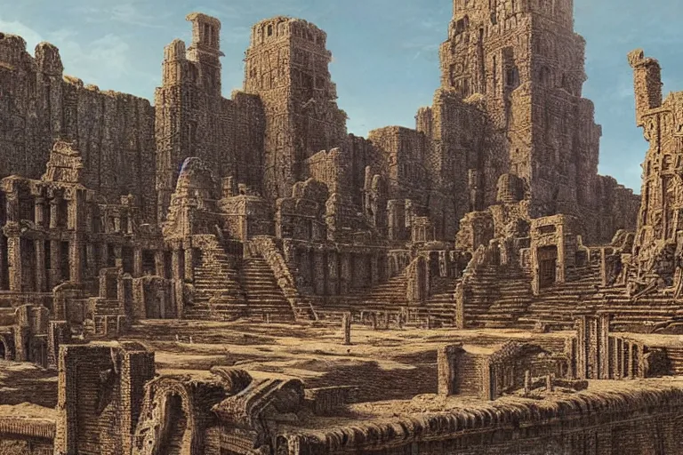Prompt: intricate, 3 d, ancient city ruins, style by caspar david friedrich and wayne barlowe and ted nasmith.