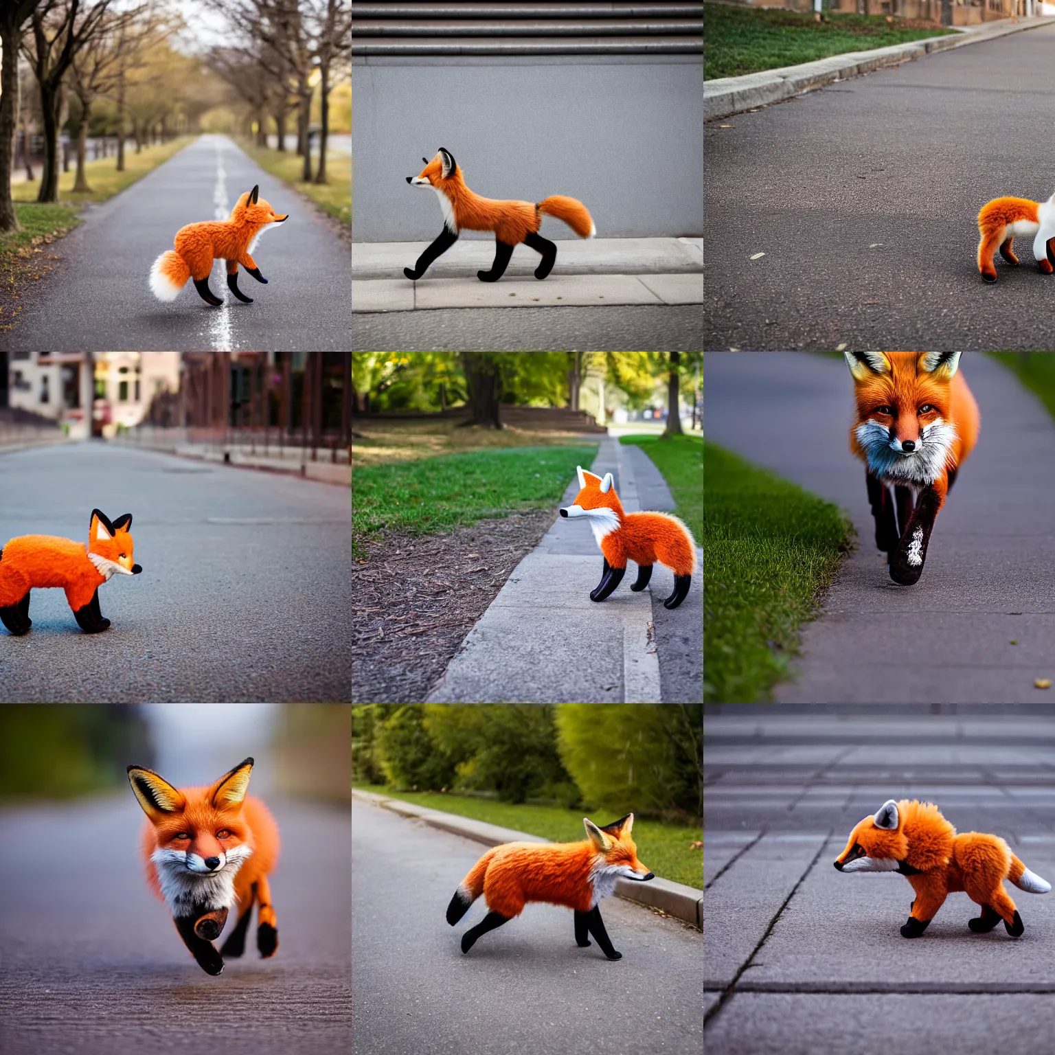 Prompt: A fox stuffed animal jogging along the sidewalk, Sigma 85mm Lens F/1.8, award winning photography
