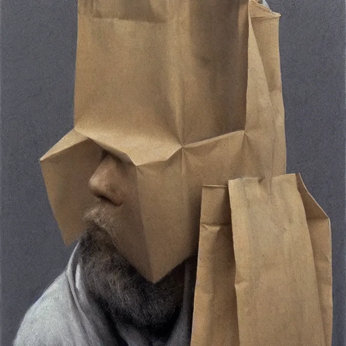 Prompt: man portrait with a paper bag over the head, highly detailed, artstation, art by zdislav beksinski, wayne barlowe, edward hopper