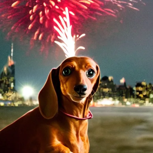 Image similar to a Dachshund as a dragon destroying new york city during 4th of July fireworks