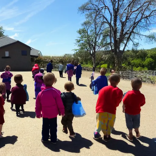 Image similar to the children are looking at a large group of people