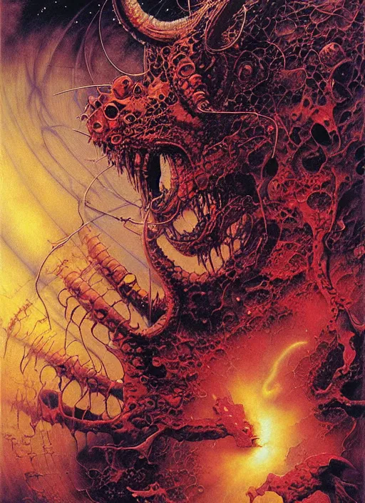 Prompt: realistic detailed image of a demon-cat eating babies in hell of outer space. by Ayami Kojima, Amano, Karol Bak, Greg Hildebrandt, and Mark Brooks, Neo-Gothic, gothic, rich deep colors. Beksinski painting, part by Adrian Ghenie and Gerhard Richter. art by Takato Yamamoto. masterpiece