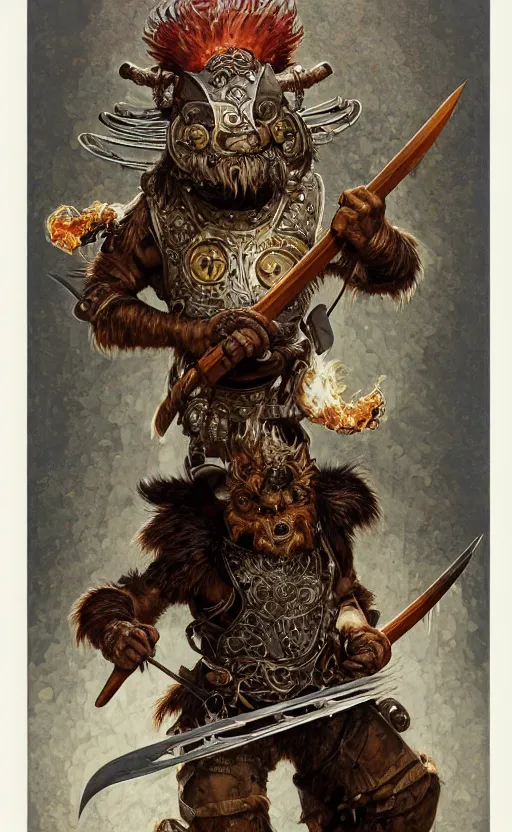 Prompt: bugbear, class hunter, d & d, dungeons and dragons, ornate steel armour, playing flaming axe bass guitar, beard, male, strong outline, character design on white background, gnarly details, by painted by norman rockwell, tom bagshaw, mucha, gaston bussiere, craig mullins, j. c. leyendecker 8 k