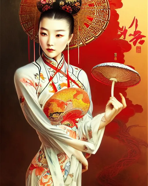 Image similar to pretty chinese model with hallucination mushroom, machine face, upper body, decorated with chinese opera motifs, asian, traditional chinese art, intricate, elegant, highly detailed, digital painting, artstation, concept art, smooth, sharp focus, illustration, art by artgerm and greg rutkowski and alphonse mucha, 8 k