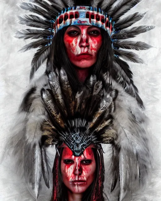 Image similar to lady native sisters ghost - spirit of the grim - warpaint wears the scarlet skull armor and native blood headdress feathers, midnight fog - mist!, dark oil painting colors, realism, cinematic lighting, various refining methods, micro macro autofocus, ultra definition, award winning photo, photograph by ghostwave - gammell - giger - shadowlord