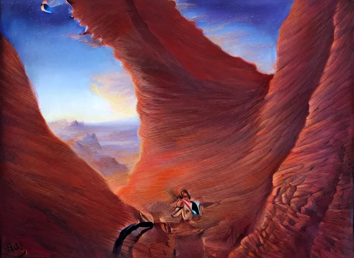 Prompt: a silhouette in front of a martian canyon, by jean delville and sophie anderson and mandy jurgens, golden ratio, perfect composition, elegant, no crop, extremely detailed, hd, masterpiece, artstation