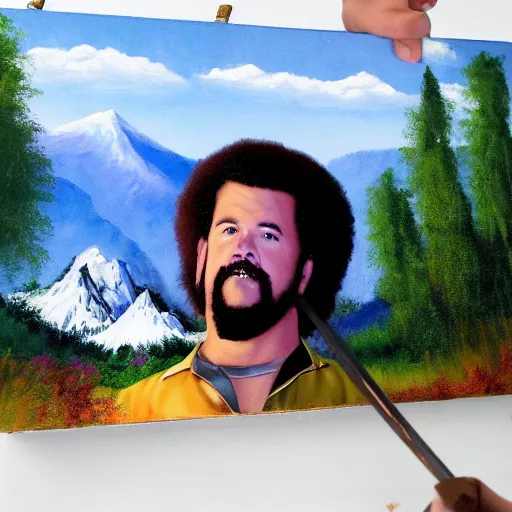 Image similar to a closeup photorealistic photograph of bob ross putting the finishing touches on a canvas painting of kenny powers. mountains and trees. film still. brightly lit scene. this 4 k hd image is trending on artstation, featured on behance, well - rendered, extra crisp, features intricate detail, epic composition and the style of unreal engine.