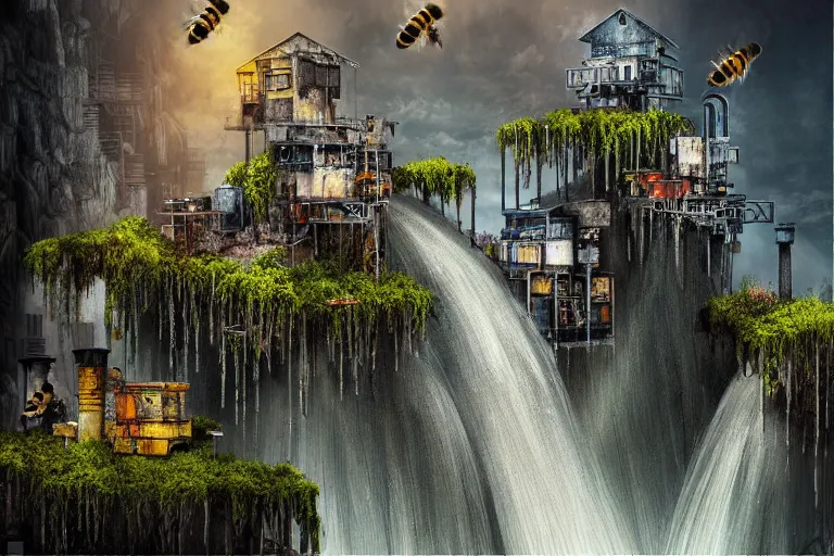 Image similar to gothic waterfall favela honeybee hive, brutalist environment, industrial factory, award winning art, epic dreamlike fantasy landscape, ultra realistic,