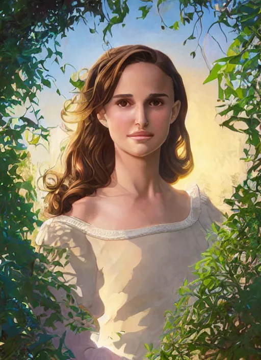 Image similar to well - lit art nouveau face portrait of a 1 3 - year old natalie portman playing in the garden, natural lighting, path traced, highly detailed, high quality, cartoon, digital painting, by don bluth and ross tran and studio ghibli