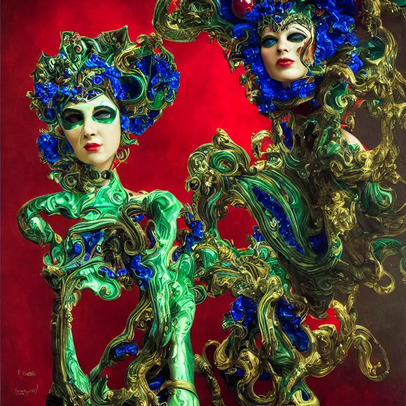 Prompt: a portrait of a liquid porcelain malachite sapphire ruby model wearing a liquid venetian carnival mask. night time. deep reflective green blue red tones. renaissance masterpiece. highly detailed sci - fi fantasy painting by norman rockwell, frank frazetta, johfra bosschart, and syd mead. rich colors, high contrast, dark background. artstation