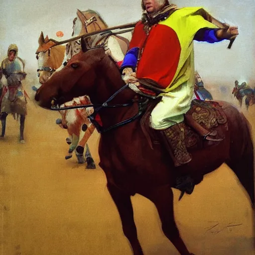 Prompt: portrait of man wearing chinmail and gambeson over colorful cloth on horseback, holding jousting lance, horse is wearing caparisons, medieval by greg manchess, bernie fuchs, walter everett, lost edges