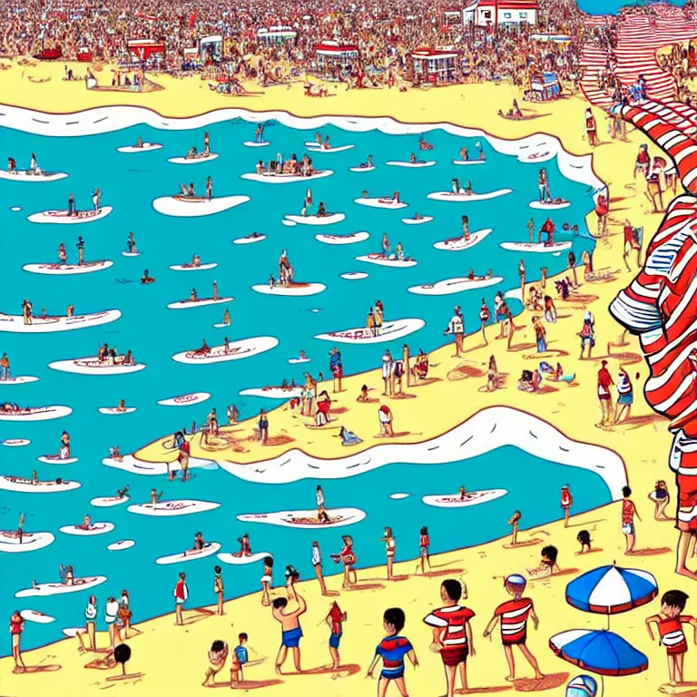 Prompt: high quality illustration of waldo from where's waldo in a high detailed full page spread from the where's waldo book at a densely populated beach, high angle medium wide, where's waldo character large in the top right, high detail illustration, coherent