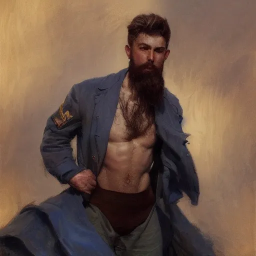 Image similar to detailed cinematic wide shot of muscular attractive young man wearing navy clothing beard slim face symettrical face clean skin blue eyes white hair, ultra realistic, spring light, painting by gaston bussiere, craig mullins, j. c. leyendecker