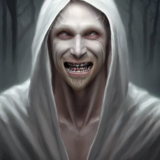 Prompt: Pale-skinned man with a pinched face, crazed eyes, and a strained toothy grin smile. He has short blond unwashed hair. He wears a stained white cultist robe. Epic fantasy art, award winning on Artstation, intricate, elegant, highly detailed, digital painting, concept art, smooth, sharp focus, illustration, art by artgerm and greg rutkowski and alphonse mucha