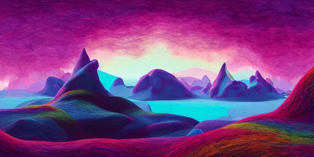 Image similar to an amazing norway landscapes glue and pva mountains, watercolor art, wool felting art, by beeple and kandinskiy, 8 k resolution, colorful, digital art