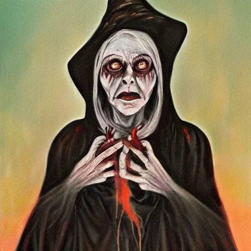 Image similar to creepy old cursed witch watching you sleep, eerie, haunted, oil painting