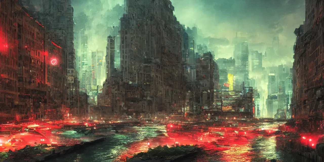 Prompt: street level view of turbulent river rapids rushing through a city at night , volumetric lighting, green and red glowing lights, 4k, octane, digital painting, artstation, concept art, sharp focus, illustration, high contrast, high saturation , cinematic film still, by by artgerm and greg rutkowski and alphonse mucha , wide angle view