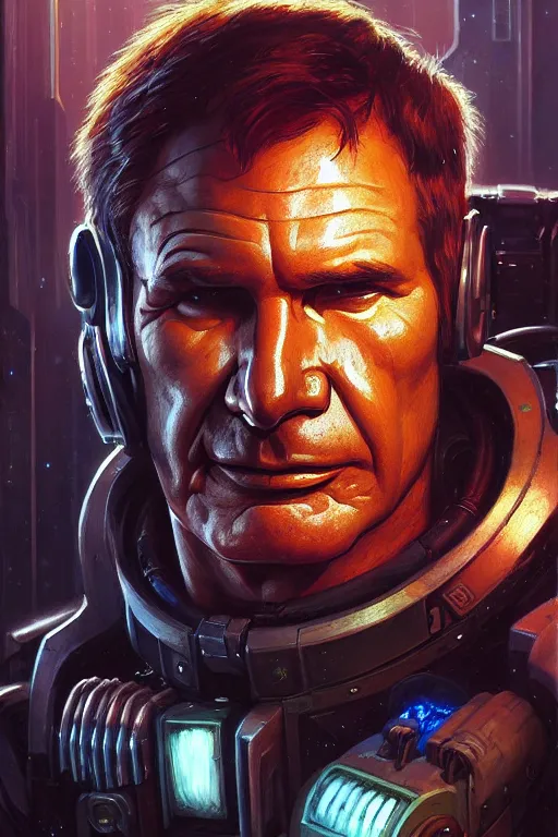 Image similar to character portrait closeup harrison ford cyberpunk starcraft terran warhammer 4 0 k space marine, character design, painting by gaston bussiere, dan mumford, moebius, katsuya terada, frank frazetta, tom of finland, trending on artstation