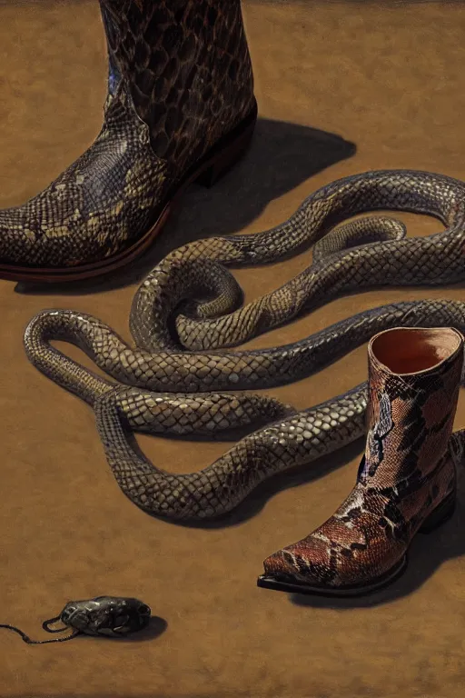 Image similar to cowboy boot with a snake coming out of it, oil on canvas, intricate, 8 k highly professionally detailed, hdr, cgsociety