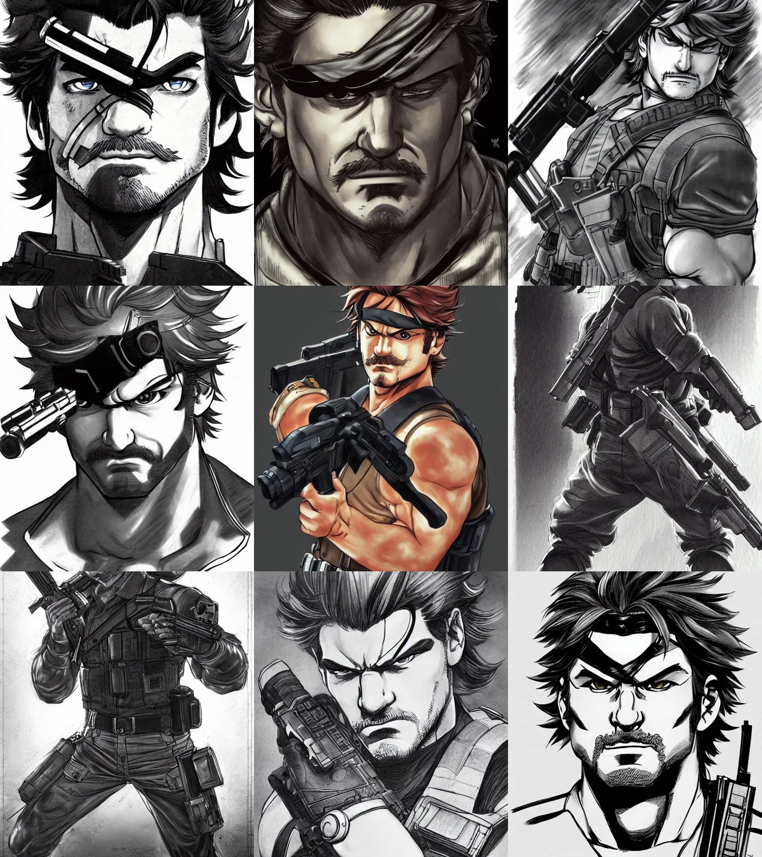 Prompt: portrait mario solid snake by yusuke murata and masakazu katsura, holding a gun, artstation, highly - detailed, cgsociety, pencile and ink, city in the background, dark colors, intricate details