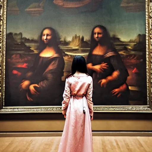 Image similar to shot from a distance, full room view, renaissance, rococo, manga, tonal, young lady, thin, dark hair, wearing flowing long dress, flowers, viewing the mona lisa painting inside the lourve