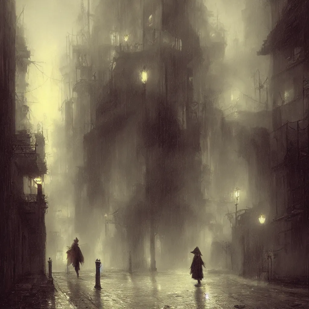 Image similar to Jack the ripper haunts the abandoned raining night alley by Raphael Lacoste and Pierre Auguste Cot and Delphin Enjolras and Daniel F. Gerhartz