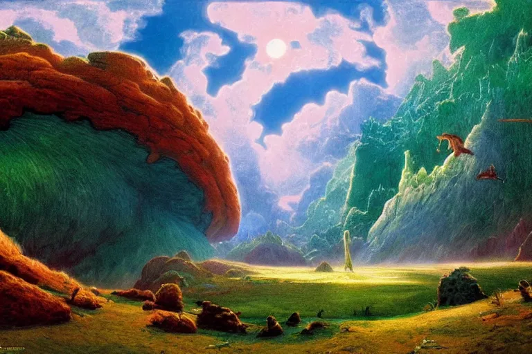 Image similar to land before time elemental rotoscoped big bang landscape in the style of dr. seuss, 2 0 0 1 a space odyssey, painting by albert bierstadt